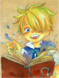 Rule 34 | 1boy, blonde hair, book, child, east blue, fish, hair over one eye, male focus, one piece, sanji (one piece), smile, solo, aged down