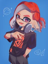 Rule 34 | 1boy, black shirt, black shorts, blue background, commentary request, eyebrow cut, ha r a k, hands in pockets, headphones, highres, inkling, inkling boy, inkling player character, musical note, nintendo, open mouth, pointy ears, print shirt, red eyes, red hair, shirt, short hair, shorts, simple background, smile, solo, splatoon (series), teeth, upper body