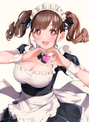 Rule 34 | + +, 1girl, alternate hairstyle, apron, black dress, black ribbon, blush, breasts, brown hair, cleavage, cleavage cutout, clothing cutout, curly hair, detached collar, dot nose, dress, frilled apron, frills, gradient background, hair ribbon, hands up, heart, heart hands, idolmaster, idolmaster shiny colors, koukoku, large breasts, long hair, looking at viewer, maid headdress, open mouth, red eyes, ribbon, short sleeves, simple background, smile, solo, sonoda chiyoko, standing, twintails, white apron, white background, white wrist cuffs, wrist cuffs