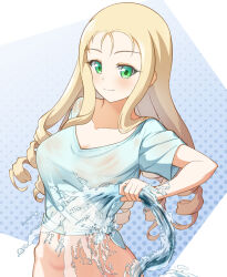 Rule 34 | 1girl, blonde hair, casual, closed mouth, drill hair, girls und panzer, green eyes, highres, holding, holding hose, hose, long hair, looking at viewer, marie (girls und panzer), midriff, navel, rebirth42000, shirt, short sleeves, smile, solo, spraying, t-shirt, tied shirt, water, wet, wet clothes, wet shirt, white shirt
