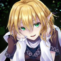 Rule 34 | 1girl, arm warmers, blonde hair, blush, head rest, din (flypaper), green eyes, looking at viewer, mizuhashi parsee, pointy ears, scarf, short hair, smile, solo, touhou