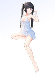 Rule 34 | 1girl, barefoot, black hair, feet, highres, long hair, looking to the side, nightgown, open mouth, original, pink eyes, simple background, toes, twintails, white background