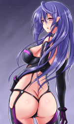 Rule 34 | 10s, 1girl, ass, bare shoulders, blue eyes, blush, bodysuit, breasts, butt crack, detached sleeves, earrings, elbow gloves, female focus, from behind, gloves, highres, iris heart, jewelry, kami jigen game neptune v, kisaragikagami, large breasts, long hair, looking at viewer, looking back, neptune (series), open mouth, parted lips, pink eyes, purple eyes, purple hair, pururut, revealing clothes, sawaki koma, shiny skin, sideboob, solo, symbol-shaped pupils, thighhighs, thong