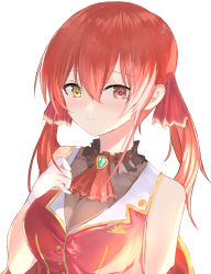 Rule 34 | 1girl, absurdres, bare arms, bare shoulders, blush, breasts, cleavage, closed mouth, commentary request, hair between eyes, hair ribbon, hand up, heterochromia, highres, hololive, houshou marine, long hair, medium breasts, poono, red eyes, red hair, red neckwear, red ribbon, ribbon, see-through, see-through cleavage, simple background, solo, upper body, virtual youtuber, white background, yellow eyes