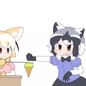 Rule 34 | 2girls, animal ears, animated, arm rest, black hair, blonde hair, bow, bowtie, brown eyes, chibi, closed mouth, commentary, common raccoon (kemono friends), dondurma (ice cream), epilepsy warning, extra ears, fang, fennec (kemono friends), food, fox ears, fur collar, gloves, grey hair, hand up, holding, ice cream, ice cream cone, kemono friends, layered sleeves, long sleeves, looking at another, looping animation, medium hair, multicolored hair, multiple girls, open mouth, pink sweater, raccoon ears, short-sleeved sweater, short over long sleeves, short sleeves, sidelocks, simple background, smile, sweater, taro (tontaro), ugoira, upper body, video, white background, white hair