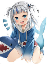 Rule 34 | 1girl, :d, blue eyes, blue hair, blue hoodie, blue socks, blush, commentary request, drawstring, fins, fish tail, gawr gura, gawr gura (1st costume), grey hair, hair ornament, hololive, hololive english, hood, hood down, hoodie, long hair, long sleeves, looking at viewer, multicolored hair, natsume eri, no shoes, notice lines, open mouth, shark tail, sharp teeth, simple background, sitting, sleeves past wrists, smile, socks, solo, streaked hair, tail, teeth, two side up, very long hair, virtual youtuber, wariza, water drop, white background, wide sleeves