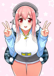 Rule 34 | 1girl, blush, breasts, double v, headphones, large breasts, leaning forward, long hair, looking at viewer, murakami monako, nitroplus, open mouth, pink hair, pom pom (clothes), red eyes, smile, solo, super sonico, v