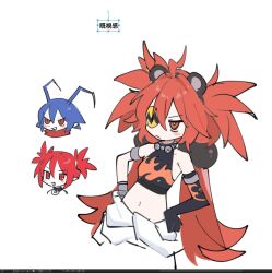 1boy 2girls animal_ears antenna_hair asymmetrical_gloves bear_ears blue_hair closed_mouth crop_top crossover disgaea etna_(disgaea) eyepatch fake_animal_ears gloves hair_between_eyes hands_on_own_hips kokaki_mumose koleda_belobog laharl long_hair makai_senki_disgaea multiple_girls pants pointy_ears red_eyes red_hair simple_background sketch twintails two_side_up very_long_hair white_background white_pants zenless_zone_zero