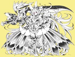 Rule 34 | absurdly long hair, ahoge, animal ear fluff, animal ears, animal hands, armor, armored dress, breasts, cat paws, claws, closed mouth, crown, dress, eyes visible through hair, gauntlets, gem, greaves, greyscale, greyscale with colored background, hatching (texture), holding, holding sword, holding weapon, huge weapon, long hair, monochrome, original, red eyes, see-through, signature, simple background, spot color, standing, sword, takatsuki ichi, umbrella, vambraces, very long hair, weapon, yellow background