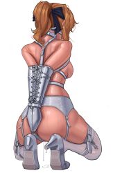 Rule 34 | 1girl, absurdres, armbinder, arms behind back, ass, bdsm, black bow, blonde hair, bondage, bound, bow, commentary, from behind, garter straps, genshin impact, grey footwear, grey thighhighs, hair bow, harris hero, high heels, highres, jean (genshin impact), kneeling, ponytail, restrained, simple background, solo, squatting, suggestive fluid, thighhighs, white background
