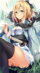 Rule 34 | 1girl, bad id, bad pixiv id, black bow, black thighhighs, blonde hair, blush, bow, breasts, closed mouth, fate (series), hair bow, koha-ace, koi nobori, looking at viewer, medium breasts, okita souji (fate), okita souji (koha-ace), sheath, sheathed, shinsengumi, short hair, sitting, solo, sword, thighhighs, weapon, yellow eyes