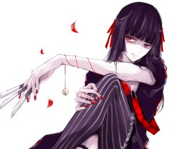 Rule 34 | 10s, 1boy, androgynous, awara kayu, bell, black hair, commentary request, crossdressing, fingernails, flower, hair ornament, hairband, holding, holding weapon, knife, long hair, looking to the side, male focus, nail polish, pantyhose, red eyes, red flower, red nails, red rose, roman numeral, rose, simple background, sitting, smile, solo, stitched face, stitches, string, striped clothes, striped pantyhose, suspenders, suspenders hanging, suzuya juuzou, throwing knife, tokyo ghoul, tokyo ghoul:re, weapon, white background, wig