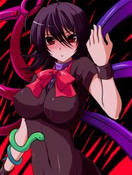 Rule 34 | 1girl, asymmetrical wings, bad id, bad pixiv id, black hair, blush, bow, bowtie, breasts, female focus, houjuu nue, impossible clothes, impossible shirt, large breasts, navel, ran komomo, red eyes, shirt, short hair, snake, solo, touhou, wings, wrist cuffs