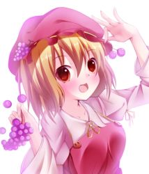 Rule 34 | 1girl, :d, aki minoriko, blonde hair, blush, cherry, collarbone, female focus, food, fruit, grapes, hat, highres, holding, nicoby, open mouth, red eyes, short hair, smile, solo, touhou, white background