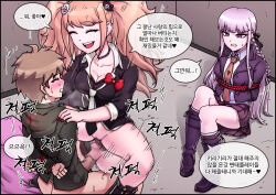 Rule 34 | 1boy, 2girls, :d, ahoge, arms behind back, bear hair ornament, bed, black ribbon, black shirt, black skirt, blonde hair, blue eyes, bottomless, bound, bound arms, bow, breasts, brown jacket, brown necktie, cleavage, collarbone, collared shirt, danganronpa: trigger happy havoc, danganronpa (series), enoshima junko, femdom, girl on top, hair ornament, hair ribbon, happy, highres, hood, hood down, jacket, kirigiri kyoko, large breasts, maggea22, miniskirt, multiple girls, naegi makoto, necktie, netorare, open mouth, purple footwear, purple jacket, rape, red bow, ribbon, rope, shirt, sitting, skirt, smile, speech bubble, teeth, translation request, twintails, upper teeth only, vaginal