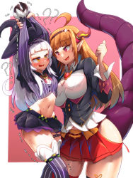 Rule 34 | 2girls, ahoge, bakasp-lilzy, blush, breasts, cleavage, dragon horns, dragon tail, female focus, hat, height difference, held up, highres, holding another&#039;s wrist, hololive, horns, kiryu coco, large breasts, long hair, midriff, miniskirt, multiple girls, murasaki shion, navel, orange hair, purple eyes, side slit, size difference, skirt, tail, thick thighs, thighs, virtual youtuber, white hair, witch, witch hat, yellow eyes, yuri