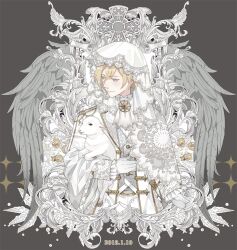 Rule 34 | 1boy, angel wings, animal, apple, ascot, belt, belt buckle, blonde hair, blue eyes, brooch, buckle, buttons, closed mouth, cross, dated, dress shirt, ensemble stars!, food, frilled sleeves, frills, fruit, gem, golden apple, grey background, grey belt, grey vest, grey wings, hair between eyes, holding, holding animal, jacket, jewelry, lace trim, lamb, lapels, long sleeves, looking to the side, male focus, pants, patterned clothing, pearl (gemstone), picture frame, shawl, sheep, shirt, short hair, slothm22, smile, solo, star brooch, star button, tenshouin eichi, upper body, veil, vest, white ascot, white jacket, white pants, white shawl, white shirt, white theme, white veil, wings