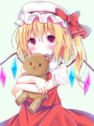 Rule 34 | 1girl, blonde hair, blush, closed mouth, commentary request, esureki, flandre scarlet, hat, highres, holding, holding stuffed toy, long hair, looking at viewer, red eyes, red ribbon, red skirt, ribbon, short sleeves, side ponytail, skirt, solo, stuffed animal, stuffed toy, teddy bear, touhou, wings