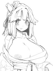 Rule 34 | blush, breasts, flashing, flower, grey eyes, greyscale, hair flower, hair ornament, hieda no akyuu, huge breasts, japanese clothes, looking at viewer, monochrome, nipple slip, nipples, one breast out, sexually suggestive, short hair, sketch, tagme, torso (hjk098), touhou, white background