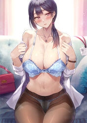 Rule 34 | 1girl, bare shoulders, black hair, blue bra, blue panties, blush, bra, breasts, brown pantyhose, cleavage, collarbone, commentary request, floral print, highres, himamo, jewelry, large breasts, mature female, medium hair, navel, necklace, off shoulder, open clothes, open shirt, original, panties, panties under pantyhose, pantyhose, parted lips, purple eyes, shirt, sitting, solo, thighs, underwear, white shirt