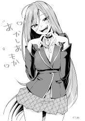 Rule 34 | 1girl, absurdres, akashiya moka, commentary request, cross, cross necklace, fangs, greyscale, heart, heart hands, highres, jewelry, long hair, looking at viewer, monochrome, necklace, open mouth, rosario+vampire, school uniform, solo, terano haruma, translation request, vampire, very long hair, white background