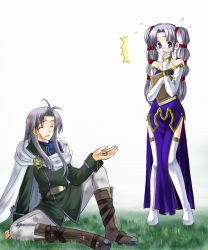 Rule 34 | 1boy, 1girl, 74, ^^^, arthur (fire emblem: genealogy of the holy war), blush, book, boots, brother and sister, detached sleeves, dress, embarrassed, fire emblem, fire emblem: genealogy of the holy war, long hair, multi-tied hair, nintendo, open mouth, purple eyes, siblings, side slit, silver hair, thigh boots, thighhighs, tine (fire emblem), twintails