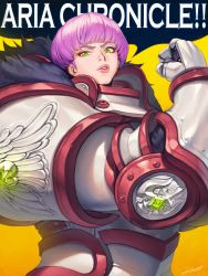 Rule 34 | 1girl, absurdres, aria chronicle, armor, bowl cut, clenched hand, commentary, copyright name, english commentary, flexing, full armor, fur collar, furrowed brow, gauntlets, gem, green eyes, hichi, highres, lips, lipstick, looking at viewer, makeup, manly, parody, pink hair, rosie the riveter, short hair, signature, solo, speech bubble, tila (aria chronicle), upper body, we can do it!, yellow background