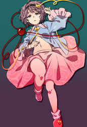Rule 34 | 1girl, arm up, black hairband, blouse, blue shirt, bobby socks, breasts, commentary request, expressionless, eyeball, floral print, frilled shirt collar, frilled sleeves, frills, gradient background, hair ornament, hairband, hand on own stomach, heart, heart hair ornament, knees, komeiji satori, long sleeves, looking at viewer, lying, medium breasts, navel, on back, open clothes, open mouth, open shirt, pink skirt, purple eyes, purple hair, rose print, shirt, shoes, short hair, simple background, single shoe, skirt, slippers, socks, solo, stomach, string, third eye, touhou, twitter username, unkmochi, white socks, wide sleeves, ||/