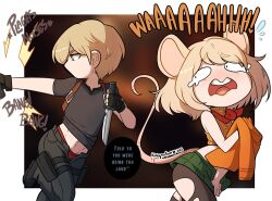 Rule 34 | 1boy, 1girl, animal ears, ashley graham, blonde hair, chibi, english text, gun, kinkymation, knife, leon s. kennedy, mouse ears, mouse tail, resident evil, resident evil 4, tail, torn clothes, weapon