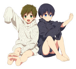 Rule 34 | 2boys, barefoot, black hair, blue eyes, blush, brown hair, feet, free!, green eyes, male focus, mo (nmnme), multiple boys, naked sweater, nanase haruka (free!), open mouth, oversized clothes, simple background, sleeves past fingers, sleeves past wrists, smile, sweater, tachibana makoto, white background