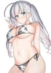 Rule 34 | 1girl, ahoge, animal print, bikini, blush, breasts, commentary request, cow print, green eyes, hand up, highres, kibihimi, large breasts, long hair, looking at viewer, mole, mole on breast, original, side-tie bikini bottom, silver hair, simple background, solo, swimsuit, twintails, v, white background