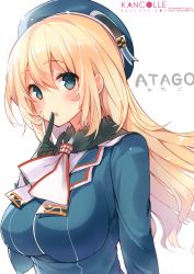 Rule 34 | 1girl, absurdres, ascot, atago (kancolle), beret, black gloves, blonde hair, blue eyes, blush, breasts, character name, finger to mouth, gloves, hat, highres, kantai collection, large breasts, long hair, long sleeves, military, military uniform, mishima kurone, scan, simple background, solo, twitter username, uniform, upper body, white background