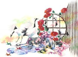 Rule 34 | bird, crane (animal), flower, hair ribbon, japanese clothes, kimono, long hair, lying, ribbon, uko (artist)