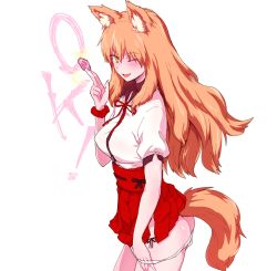 Rule 34 | 1girl, ;d, animal ear fluff, animal ears, ass, commentary request, condom, cowboy shot, fate/grand order, fate (series), fox ears, fox tail, from side, hakama, hakama short skirt, hakama skirt, higata akatsuki, holding, holding condom, japanese clothes, long hair, looking at viewer, one eye closed, open mouth, orange eyes, orange hair, panties, panty pull, pulled by self, red scrunchie, scrunchie, simple background, skirt, smile, solo, sparkle, suzuka gozen (fate), tail, underwear, white background, wrist scrunchie
