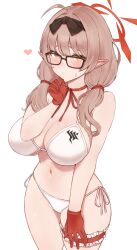 Rule 34 | 1girl, bare arms, bare shoulders, bikini, black-framed eyewear, blue archive, blush, breasts, brown eyes, brown hair, chinatsu (blue archive), choker, cleavage, closed mouth, collarbone, elf, glasses, gloves, hair ribbon, hairband, halo, heart, highres, large breasts, light brown hair, long hair, looking at viewer, low twintails, navel, pointy ears, red gloves, red ribbon, ribbon, simple background, solo, string bikini, sukeroku (treeee), swimsuit, thigh strap, twintails, white background, white bikini