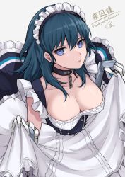 Rule 34 | 1girl, apron, apron hold, azur lane, belfast (azur lane), belfast (azur lane) (cosplay), black choker, blue eyes, blue hair, breasts, byleth (female) (fire emblem), byleth (fire emblem), chain, choker, cleavage, commentary request, cosplay, dress, fire emblem, fire emblem: three houses, gloves, grey background, hair between eyes, highres, large breasts, long hair, looking at viewer, maid, maid apron, maid headdress, nintendo, shimizu akina, simple background, solo, white apron, white gloves