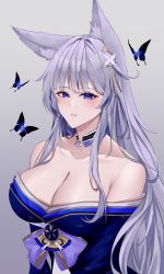 Rule 34 | 1girl, absurdres, animal ears, azur lane, bare shoulders, breasts, bug, butterfly, cleavage, detached collar, fox ears, grey background, highres, insect, japanese clothes, kimono, large breasts, looking at viewer, nanako94418108, purple butterfly, purple eyes, purple kimono, shinano (azur lane), simple background, upper body