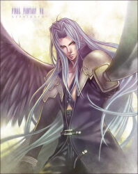 Rule 34 | 1boy, aimio nagi, armor, black gloves, black jacket, black wings, bracer, buckle, coat, feathered wings, final fantasy, final fantasy vii, foreshortening, gloves, green eyes, grey hair, holding, holding sword, holding weapon, jacket, katana, long coat, long hair, male focus, open clothes, open coat, pauldrons, sephiroth, serious, shoulder armor, single wing, sword, weapon, wings