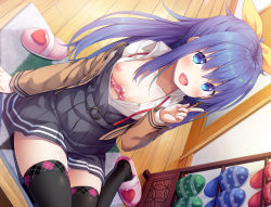 Rule 34 | 1girl, :d, arm support, asa no ha (awayuki), black thighhighs, black vest, blue eyes, blue hair, blush, bra, bra lift, breasts, buttons, carpet, cleavage, collarbone, collared shirt, dress shirt, fingernails, hair between eyes, hair ribbon, highres, index finger raised, indoors, long fingernails, long hair, long sleeves, looking at viewer, miniskirt, nail polish, nipples, one breast out, open clothes, open mouth, open shirt, original, pink bra, pink lips, pink nails, pleated skirt, pointing, pointing up, ponytail, ribbon, school uniform, shirt, sidelocks, sitting, skirt, slippers, small breasts, smile, solo, thighhighs, underwear, vest, white shirt, wooden floor, yellow ribbon, yokozuwari