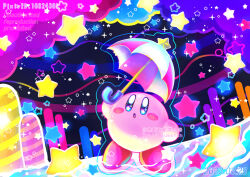 Rule 34 | :o, arm up, artist name, blue eyes, blush, blush stickers, cloud, commentary request, copy ability, dated, holding, holding umbrella, kirby, kirby (series), kumaoka pon, neon palette, night, night sky, nintendo, no humans, open mouth, parasol, parasol kirby, pixel star, pixiv id, sky, solo, sparkle, star (sky), star (symbol), star in eye, symbol in eye, twitter username, umbrella, watermark
