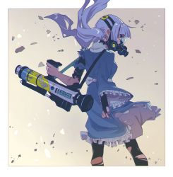 Rule 34 | 1girl, black pantyhose, blue dress, blue eyes, blue hair, commentary, cowboy shot, dress, from behind, gas mask, gun, holding, holding clothes, holding dress, holding gun, holding weapon, kamameshi gougoumaru, long hair, looking away, mask, original, pantyhose, solo, standing, torn clothes, torn pantyhose, torn sleeves, weapon