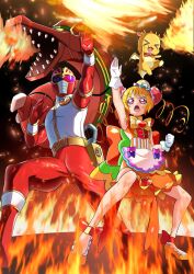Rule 34 | &gt; &lt;, 1boy, 1girl, apron, arm up, armor, back bow, belt, blonde hair, bodysuit, bow, brooch, bun cover, chinese clothes, chinese zodiac, choker, clenched hand, commentary request, crossover, cure yum-yum, delicious party precure, double bun, dragon, dress, drill hair, fighting stance, fire, full body, gloves, gosei sentai dairanger, hair bun, hanamichi ran, hat, heart, heart brooch, highres, huge bow, jewelry, magical girl, mask, mem-mem (precure), non-humanoid robot, open mouth, pink eyes, precure, red bow, robot, robot dragon, ryuu ranger (dairanger), ryuuseioh, sharp teeth, shoes, sleeveless, super sentai, teeth, tirofinire, twin drills, white gloves, year of the dragon, yellow bow