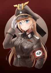 Rule 34 | 1girl, absurdres, armband, blonde hair, blue eyes, blush, breasts, closed mouth, collared shirt, cross, earrings, gloves, hat, highres, iron cross, jewelry, large breasts, long hair, looking at viewer, mole, mole under eye, nazi, original, peaked cap, shirt, smile, solo, swastika, unicron (brous), upper body, white gloves
