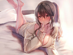 Rule 34 | 1girl, amane ruri, barefoot, blush, breasts, brown eyes, brown hair, crossed ankles, finger to mouth, hair between eyes, large breasts, long hair, looking at viewer, lying, on bed, on stomach, original, ponytail, ribbed sweater, shushing, sidelocks, sleeves past wrists, smile, solo, sweater