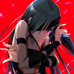 Rule 34 | 1girl, alcoholrang, arm wrap, bare shoulders, black hair, dated, detached sleeves, eyepatch, fate (series), hair over one eye, halterneck, holding, holding weapon, kunai, long hair, looking away, mochizuki chiyome (fate), red background, red eyes, slouching, solo, standing, unmoving pattern, upper body, weapon