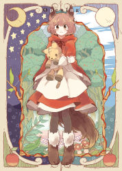 Rule 34 | 1girl, animal ears, apple, bad id, bad pixiv id, black pantyhose, brown hair, cape, chachi (azuzu), cloak, dress, food, forest, fruit, hood, little red riding hood, little red riding hood (grimm), mushroom, nature, pantyhose, paw shoes, red cape, red dress, shoes, short hair, smile, solo, stuffed toy, tail, takahero, wolf ears, wolf tail