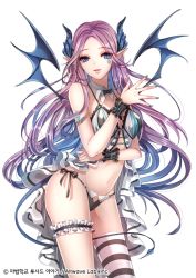 Rule 34 | 1girl, bikini, blue eyes, copyright name, demon girl, demon tail, demon wings, hair ornament, looking at viewer, nail polish, official art, pointy ears, purple hair, sid story, sila (carpen), smile, solo, demon girl, swimsuit, tail, thighhighs, wings
