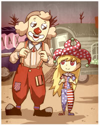 Rule 34 | 1boy, 1girl, :d, adapted costume, american flag legwear, black footwear, blonde hair, boots, bright pupils, brown eyes, closed mouth, clown, clownpiece, commentary, crossover, english commentary, eye contact, facepaint, grey hair, hat, jester cap, long hair, looking at another, open mouth, outdoors, pants, pelle hermanni, pelle hermanni (character), red eyes, red pants, setz, smile, standing, suspenders, touhou, trail, trait connection