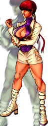 1girl boots breasts cleavage cleavage_cutout clothing_cutout curvy dress earrings female_focus fishnets heart jacket jewelry large_breasts leather long_hair long_sleeves pale_skin ponytail red_hair shermie_(kof) skirt solidusgrilo standing the_king_of_fighters thick_lips thick_thighs thighs wide_hips