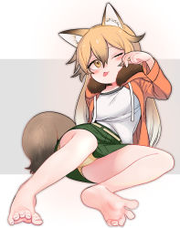 Rule 34 | 1girl, ;p, animal ear fluff, animal ears, arm up, bare legs, barefoot, belt, blonde hair, blush, border, drawstring, ezo red fox (kemono friends), feet, foot focus, fox ears, fox girl, fox tail, full body, fur-trimmed hood, fur trim, gradient hair, green skirt, grey background, hair between eyes, head tilt, highres, hood, hooded jacket, jacket, kemono friends, kemono friends 3, long hair, long sleeves, looking at viewer, looking to the side, miniskirt, multicolored hair, official alternate costume, one eye closed, open clothes, open jacket, orange jacket, outside border, panties, pantyshot, rubbing eyes, shirt, sitting, skirt, soles, solo, spread toes, tail, toenails, toes, tongue, tongue out, tranqu, underwear, white border, white shirt, yellow belt, yellow eyes, yellow panties